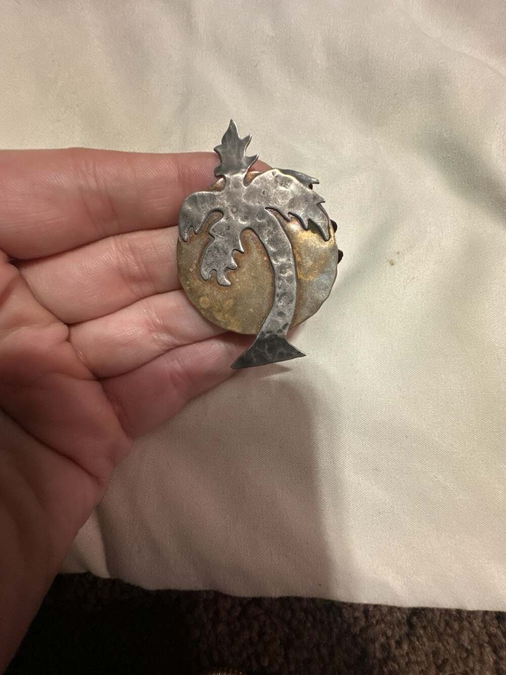 Vintage Palm Tree Brooch Sunset Sun Metal Pin Jewelry